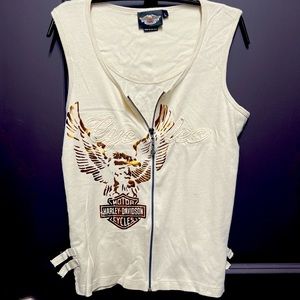 HD Harley Davidson Gold Foil Eagle Cream Zipper Tank Top Size L